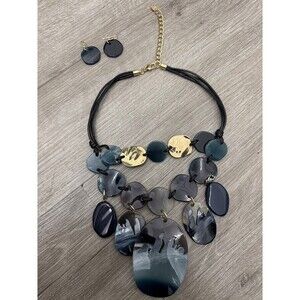 Statement Necklace Set Black Blue Gray Gold Abstract Pendant Earrings Fashion